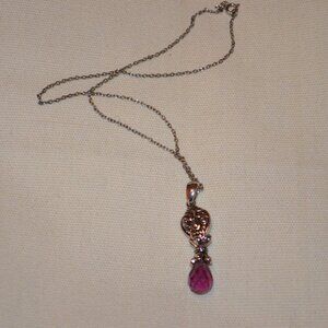 Necklace Pendant Silver Tone Metal Fine Art Transparent Faceted Purple Stone